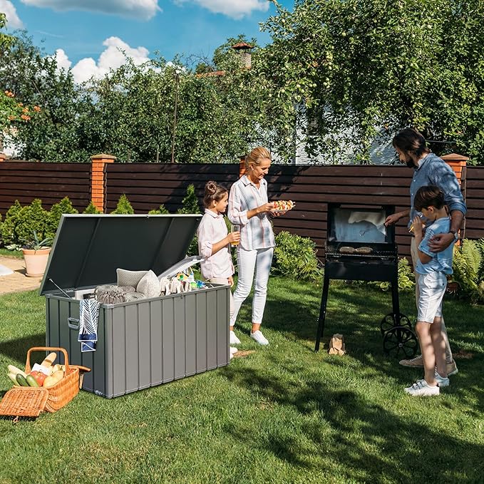 Domi Deck Box 200 Gallon, Waterproof Lockable Steel Outdoor Storage Container for Outside Cushions, Garden Tools and Pools Equipment(Gray)-VerdiqueGarden