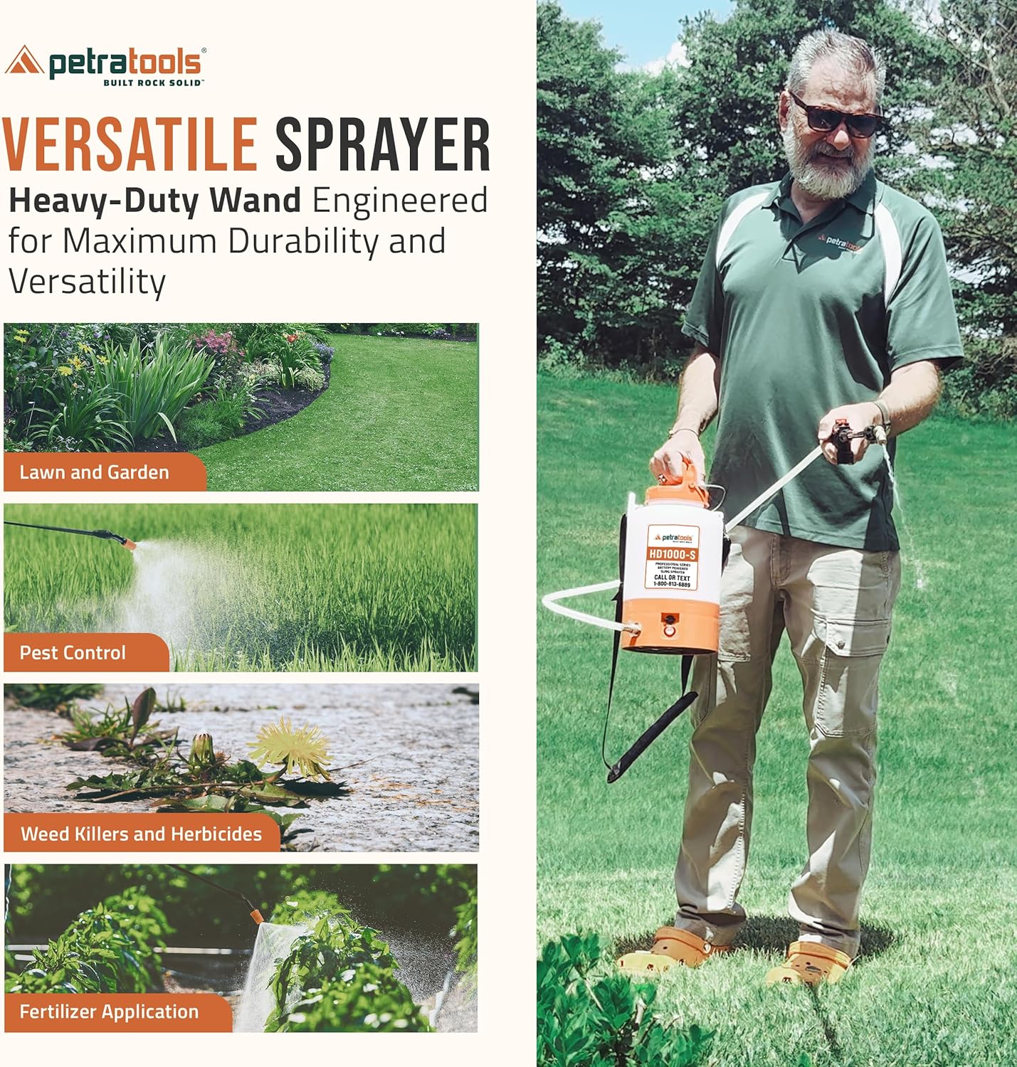 PetraTools Battery Powered Sprayer 1 Gallon - HD1000-S - Heavy Duty Electric Sprayers in Lawn and Garden for Weed/Pest Control, Watering & More - with 8 Nozzles & Strap (1 Gallon ProKit)-VerdiqueGarden