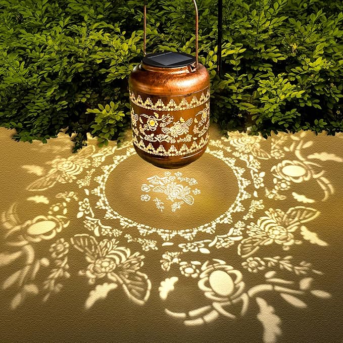 2Pack Bee Solar Lanterns Outdoor Hanging Waterproof Lanterns Garden Decor Christmas Gifts for Women Mom Grandma Metal Solar Lights Decoration Outside for Yard, Patio,Pathway Landscape-VerdiqueGarden