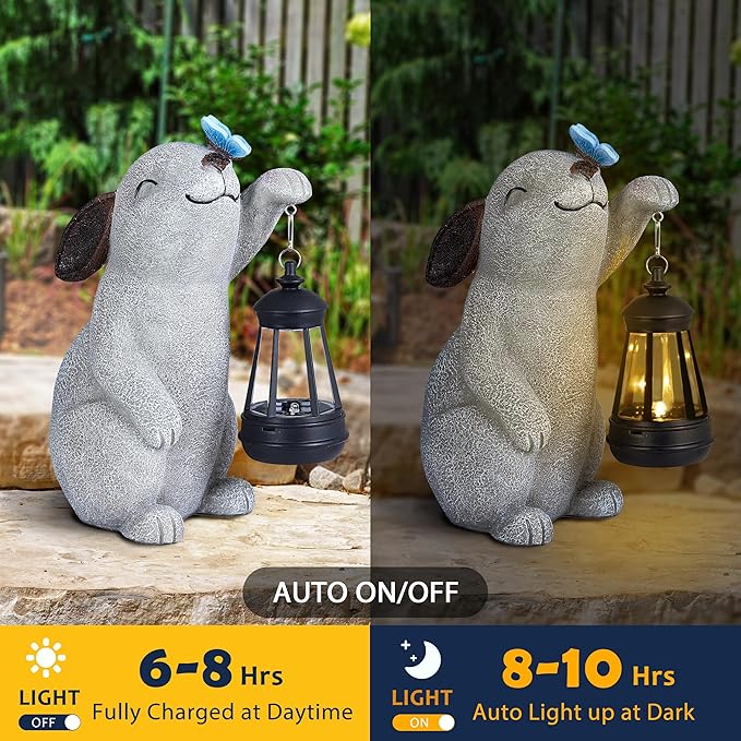 Solar Rabbit Statues for Garden Decor - Outdoor Bunny Figurine with Solar Lantern for Yard Patio Lawn Balcony Ornaments - Garden Gifts for Mothers Day, Grandma, Easter-VerdiqueGarden