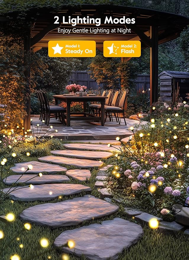 Solar Garden Lights - 8 Pack 12 LED Solar Firefly Lights with 2 Lighting Mode, Sway by Wind, Waterproof Solar Outdoor Light for Yard Patio Walkway Decoration, Warm White-VerdiqueGarden