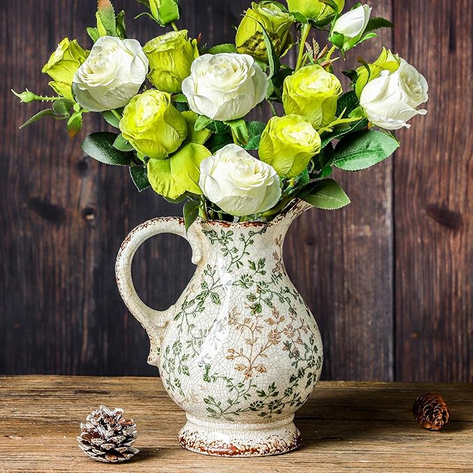 Enra Large Vintage Green Ceramic Vase and Pitcher for Home Decor, 9.7 Inch Rustic Chinoiserie Decorative Vases, Green and Beige Ceramic Vases for Living Room, Kitchen, Office – Large Vases for Decor-VerdiqueGarden