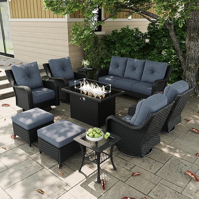 10 Pieces Outdoor Patio Furniture Sets with Rocking Swivel Chairs with 6-inch Thick Cushion and Fire Pit Table for Deck Lawn-VerdiqueGarden