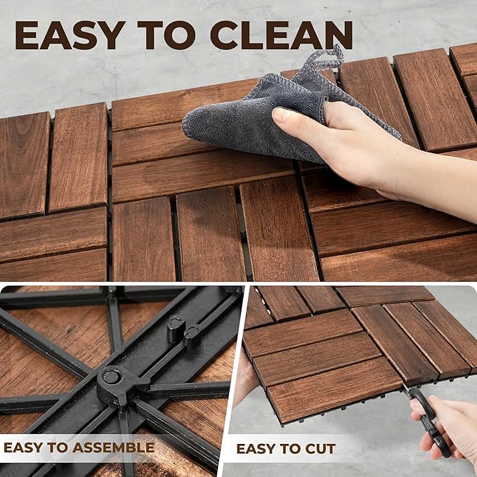 Pack of 10 Deck Tiles - 12"x12" Interlocking Natural Solid Acacia Wood for Outdoor & Indoor, Patio Garden, Balcony, Poolside - Dark Brown Color-VerdiqueGarden