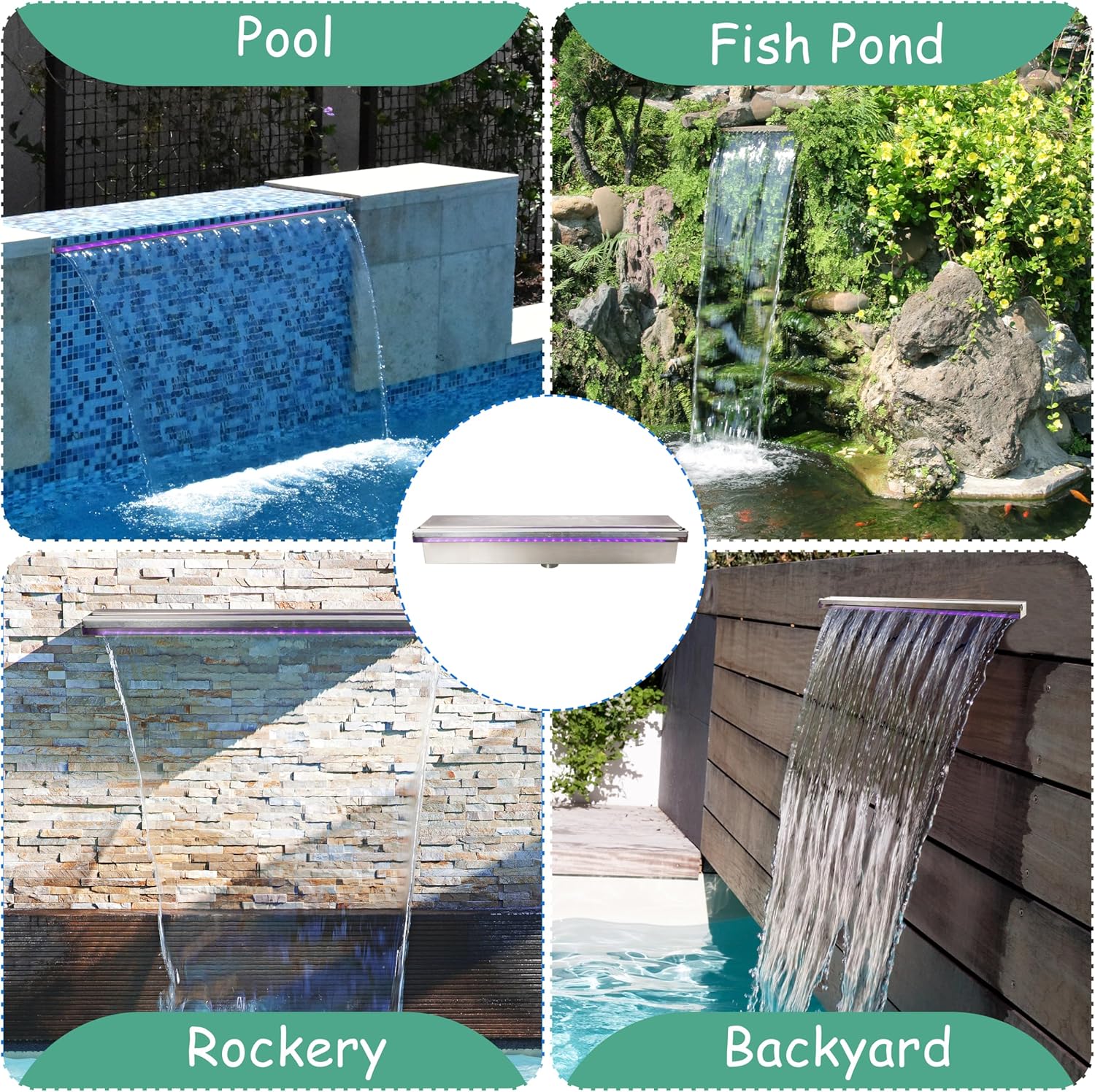 19.6 Inch Pool Waterfall Spillway, Stainless Steel Pond Waterfalls with Multi Color-LED Light Outdoor Pool Fountain, Water Flow Fountains Kit for Garden Patio & Rockery Decoration-VerdiqueGarden