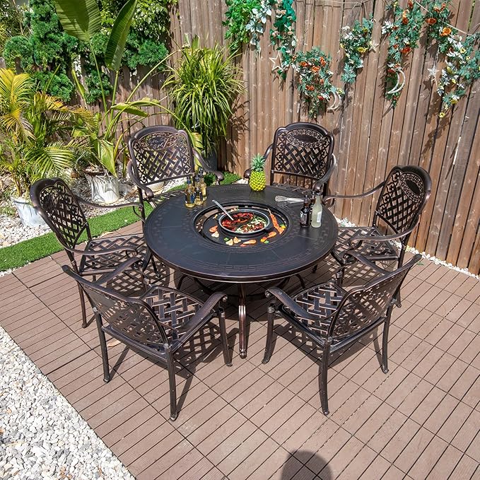 Outdoor Dining Chair Cast Aluminum Patio Chairs Set of 2 All-Weather Patio Dining Chair with Adjustable Feet for Backyard Garden (Slanted Grid Square Chair)-VerdiqueGarden