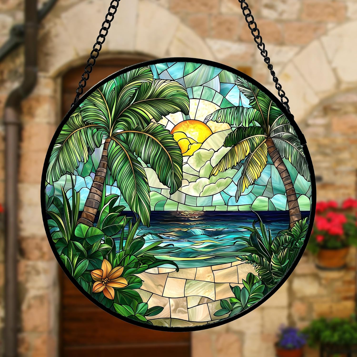 Stained Glass Window Hanging, Green Beach Scenery Suncatcher Diamond Glass Panel Hangings Sun Catchers Decor for Birthday for Women, Men, Wife, Aunt, and Mom 9.8 in-VerdiqueGarden