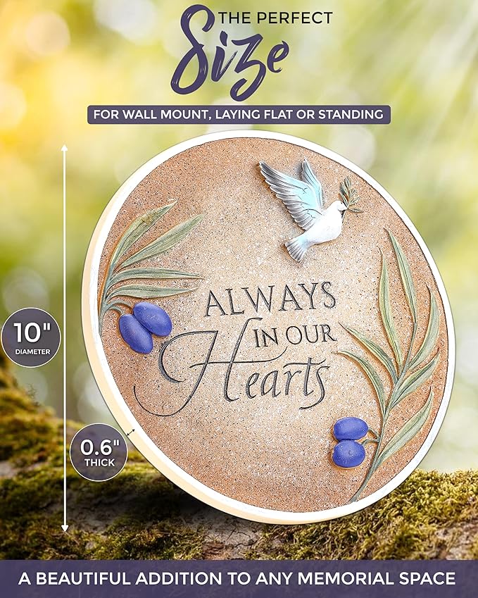 10-Inch Garden Memorial Stone with Included Plaque Stand & Sympathy Card, Memorial Plaques for Outdoors with Peace Dove Amongst Olive Branches, Memorial Stepping Stone for Loss of Loved One-VerdiqueGarden
