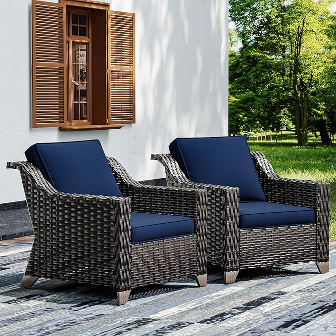 Joyside Wicker Patio Chairs Set of 2, Outdoor Rattan Furniture with Wide Armrest and Thick Cushions, Upgraded Large Size for Backyard, Garden, Poolside-VerdiqueGarden