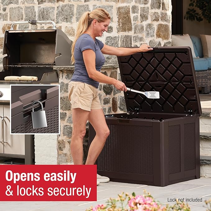 Rubbermaid Medium Resin Outdoor Storage Deck Box (74 Gal) Weather Resistant Brown Deck Organization for Home/Backyard/Pool Chemicals/Toys/Garden Tools/Porch/Patio Cushions-VerdiqueGarden