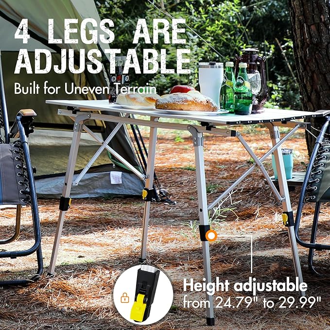 PORTAL Camping Table Portable Foldable with Adjustable Legs, Aluminum Folding Table Roll Up Table with Carrying Bag for Outdoor, Beach, Picnic, Backyards, BBQ and Party, Silver, Big-VerdiqueGarden