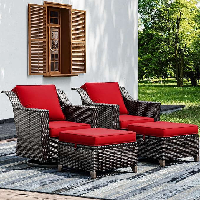 Joyside Wicker Patio Furniture Sets, 4 Pieces Upgraded Large Size Outdoor Furniture with Swivel Rocking Patio Chairs and Outdoor Ottoman, Thick Cushions, Wide Armrest-VerdiqueGarden