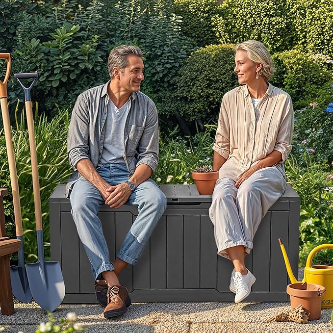 YITAHOME 80 Gallon Outdoor Storage Box, Large Water Resistant Resin Deck Box, Indoor Outdoor Lockable Storage Container for Patio, Garden, Cushions, Tools, Equipment (Dark Gray)-VerdiqueGarden