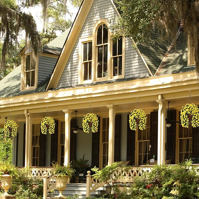 NXUGAO Artificial Flowers with Hanging Basket for Outdoors Indoors Decor, Faux Silk Chrysanthemum Plants in Baskets for Home Decoration Garden Yard Patio, 4 Bundles with 1 Basket-VerdiqueGarden