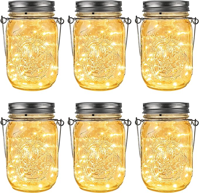 GIGALUMI Hanging Mason Jar Solar Lights, 6 Pack 30 Led Tinplate Lids Hanging Solar Lanterns Outdoor Waterproof, Hangers and Jars Included, Outdoor Decor for Balcony, Garden, Patio, Yard, Wedding-VerdiqueGarden