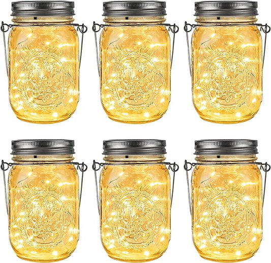 GIGALUMI Hanging Mason Jar Solar Lights, 6 Pack 30 Led Tinplate Lids Hanging Solar Lanterns Outdoor Waterproof, Hangers and Jars Included, Outdoor Decor for Balcony, Garden, Patio, Yard, Wedding-VerdiqueGarden