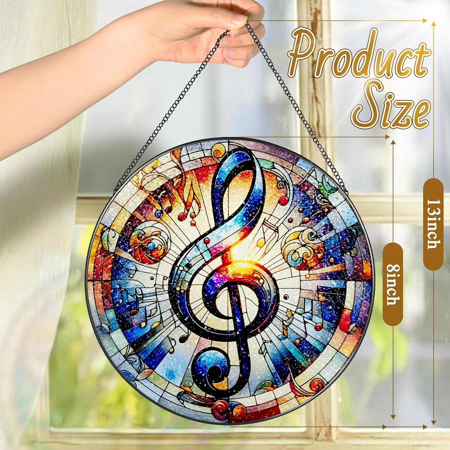 Stained Glass Window Hanging, LAOWEIKI 8'' Musical Note Suncatcher, Stained Glass Ornament, Suncatchers for Windows Hanging, Window Decor, Outdoor or Indoor, Gifts for Friends, Music Lover-VerdiqueGarden