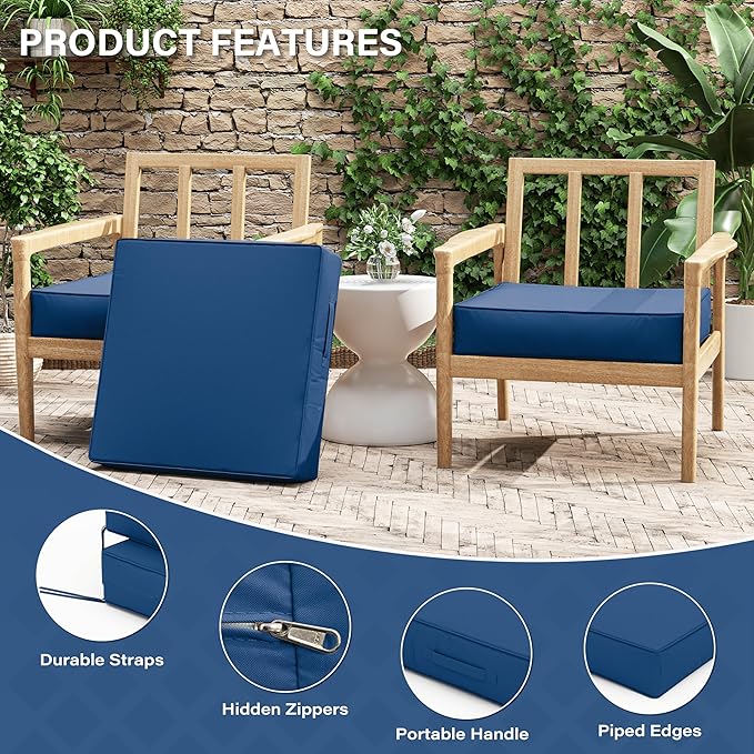 Patio Chair Cushions 24 X 24 X 5 Inch Waterproof Outdoor Seat Cushions for Patio Furniture, Outdoor Sofa Couch Pads with Ties & Handle, Set of 2, Blue-VerdiqueGarden