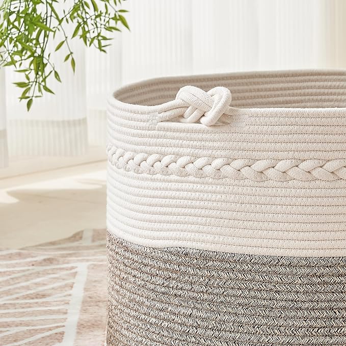KAKAMAY Large Blanket Basket (20"x13"),Woven Baskets for storage Baby Laundry Hamper, Cotton Rope Blanket Basket for Living Room, Laundry, Nursery, Pillows, Baby Toy chest (White/Beige)-VerdiqueGarden