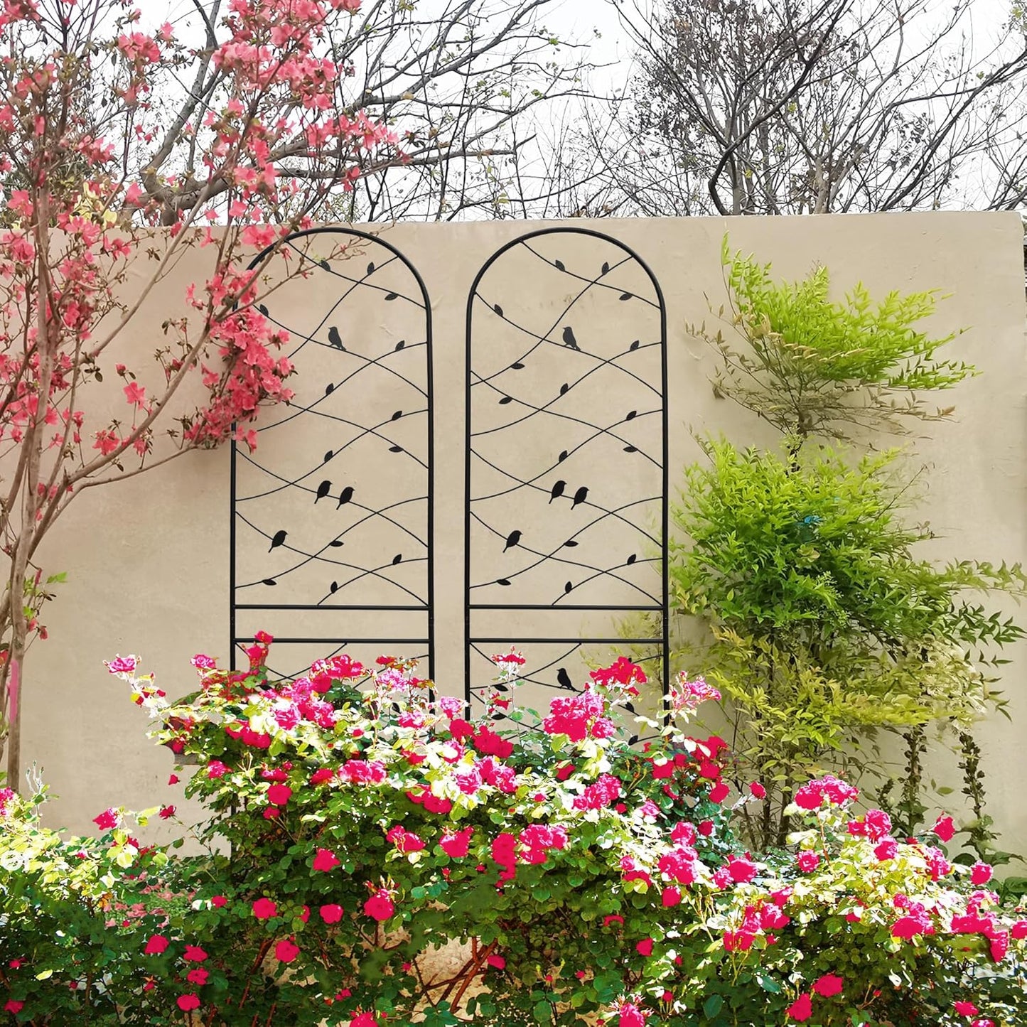 4 Pack Metal Garden Trellis 86.7" Tall Outdoor Climbing Plant Support for Roses, Flowers, Rustproof Durable Black Galvanized Tube, Lawn Garden Fence Decor Screen (4, Black birds-86.7" H)-VerdiqueGarden