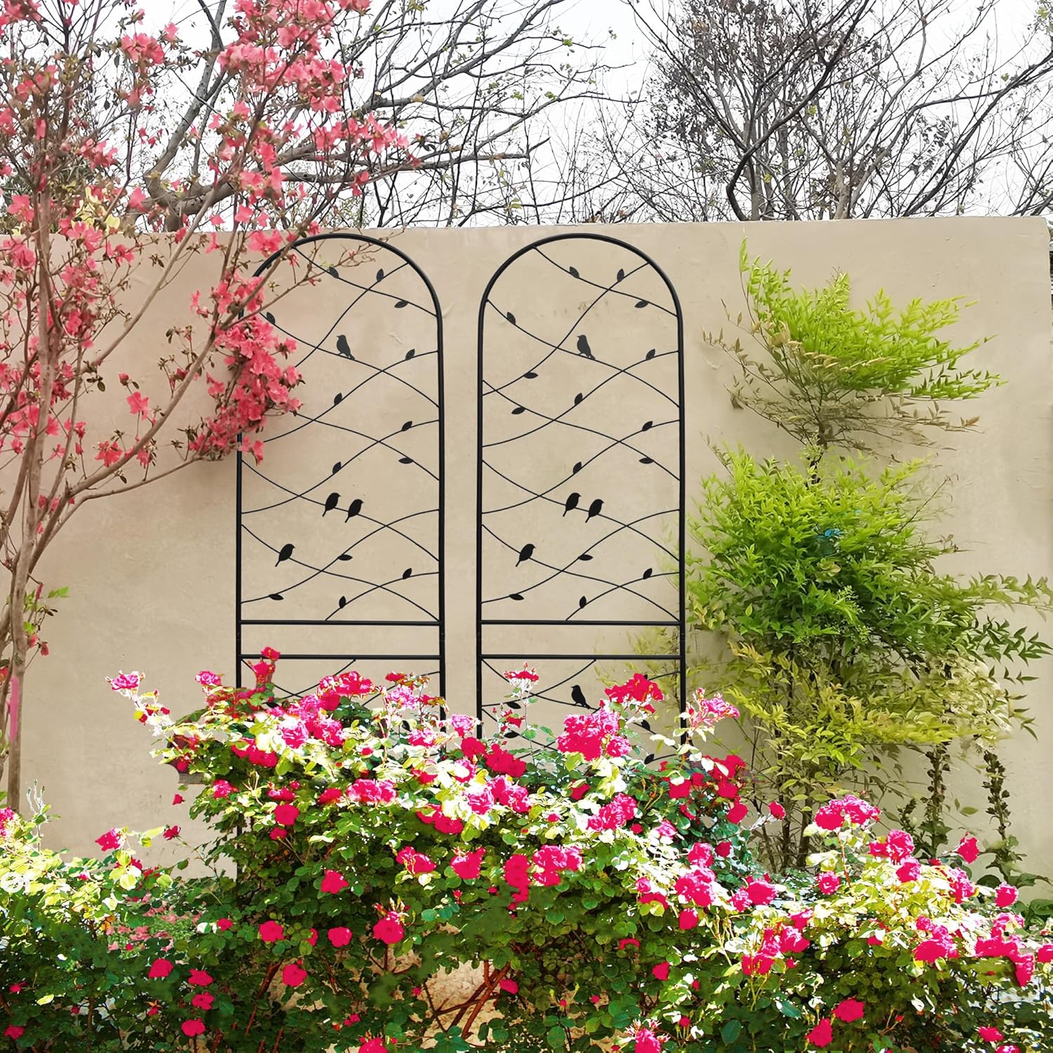 4 Pack Metal Garden Trellis 86.7" Tall Outdoor Climbing Plant Support for Roses, Flowers, Rustproof Durable Black Galvanized Tube, Lawn Garden Fence Decor Screen (4, Black birds-86.7" H)-VerdiqueGarden
