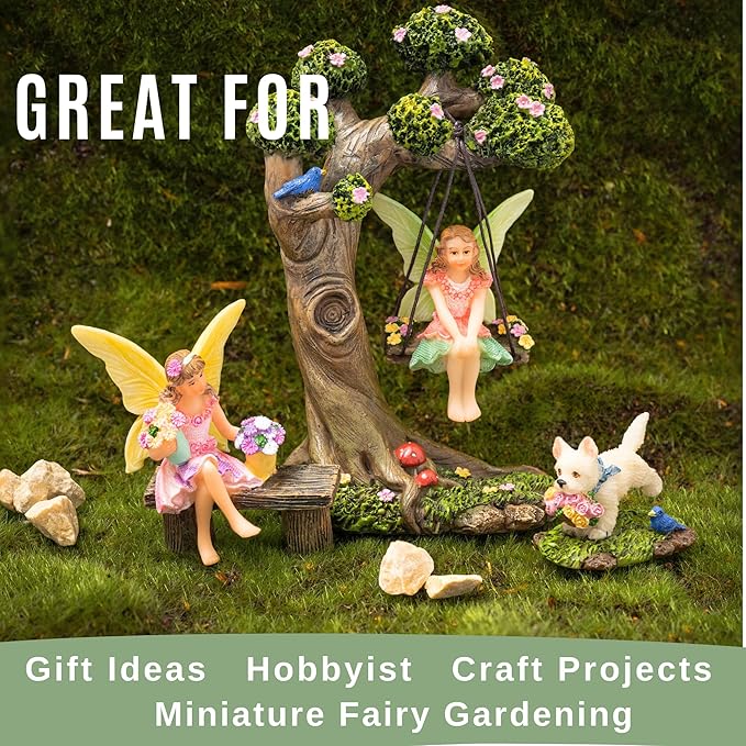 Fairy Garden Accessories Outdoor - Fairy Garden Kit with Fairies for Fairy Garden - Miniatures for an Outdoor Garden, a Fairy Tree Swing, Figurines & Puppy-VerdiqueGarden