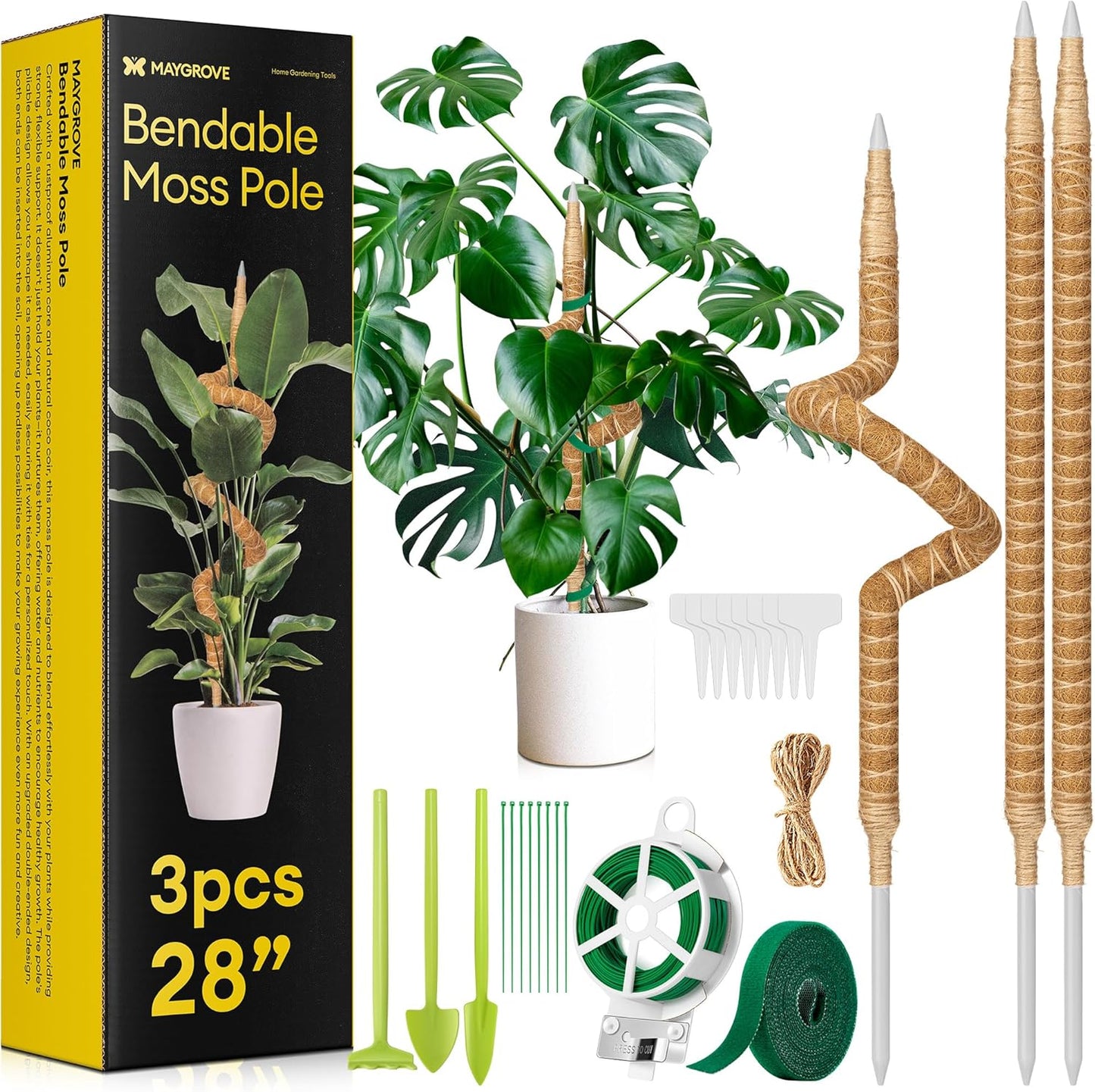 3-Pack 28” Bendable Moss Pole Monstera Plant Support for Climbing Indoors Plants, Coir Moss Poles Sticks DIY, Plant Support Stake for Potted Plants-VerdiqueGarden