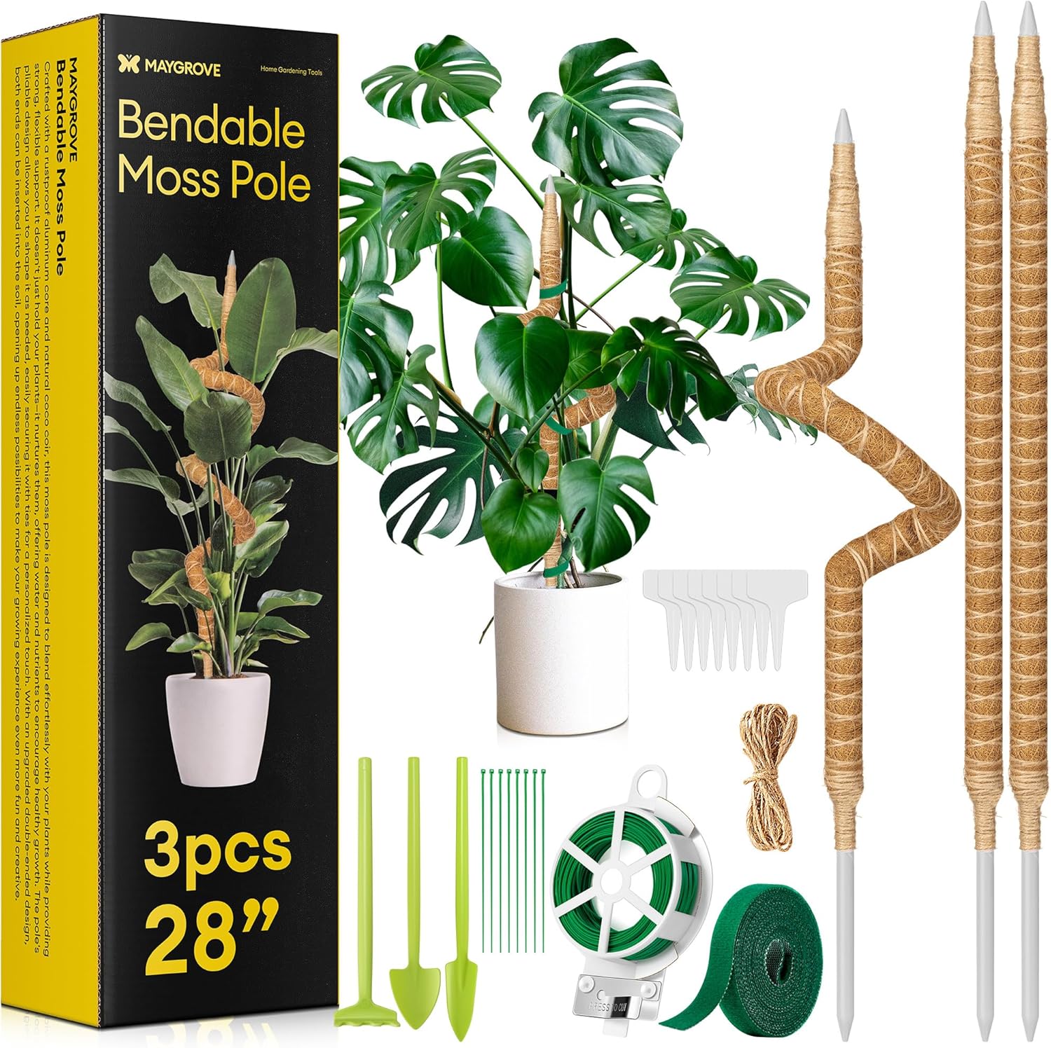 3-Pack 28” Bendable Moss Pole Monstera Plant Support for Climbing Indoors Plants, Coir Moss Poles Sticks DIY, Plant Support Stake for Potted Plants-VerdiqueGarden