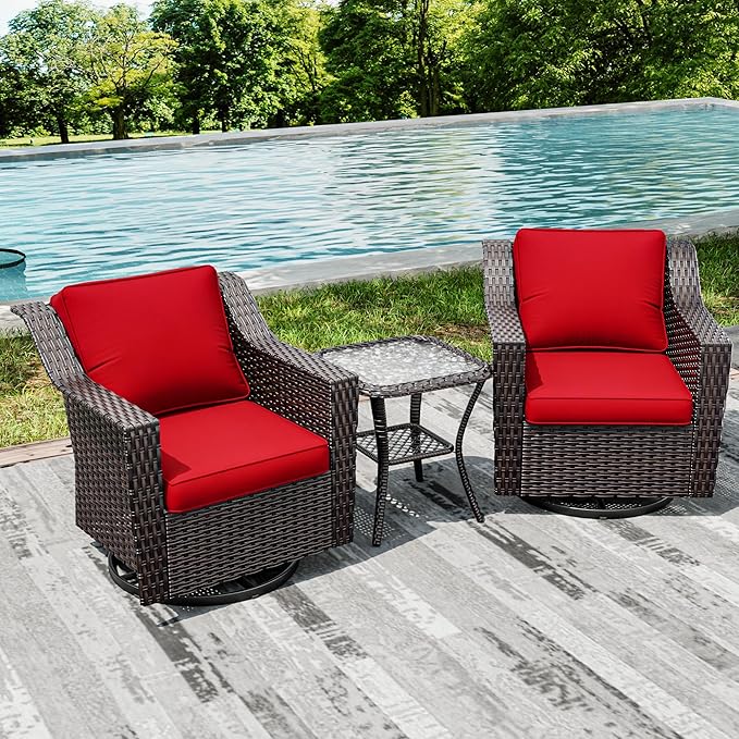 Joyside Wicker Patio Furniture Sets, 3 Pieces Upgraded Large Size Outdoor Furniture with 2 Patio Swivel Chairs and 1 Side Table, Thick Cushions, Wide Armrest-VerdiqueGarden