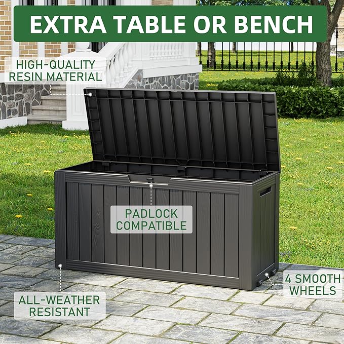 NUNU LAB 75 Gallon Outdoor Storage Box,Large Resin Sturdy Deck Box, Backyard Outside Storage Box Waterproof with Double Wall Panels,Package Delivery Garden Hose Storage Bin Outdoor Tool-VerdiqueGarden