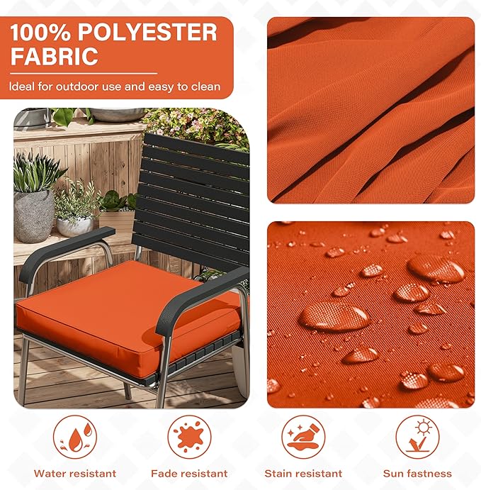 Patio Chair Cushions 17 X 16 X 3 Inch Waterproof Outdoor Seat Cushions for Patio Furniture, Outdoor Sofa Couch Pads with Ties & Handle, Set of 2, Orange-VerdiqueGarden