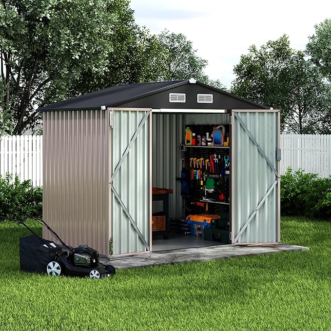 6x8 FT Metal Storage Sheds Outdoor with Floor, Metal Yard Sheds Garden Shed Kit, MetalTool Shed with Lockable Door, Metals UtilitySheds Buildings with Air Vent for Backyard Garden Patio Lawn-VerdiqueGarden
