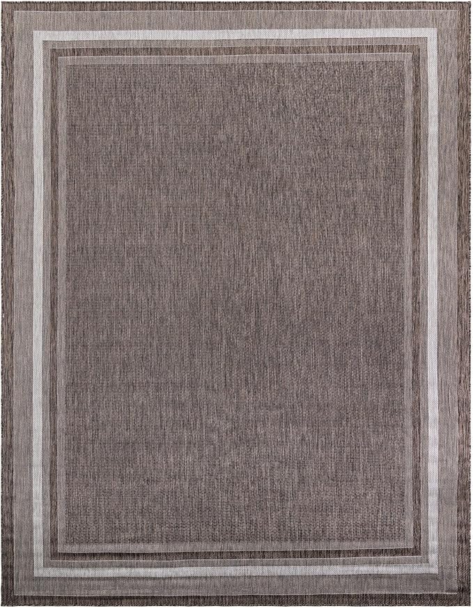 Unique Loom Outdoor Border Collection Area Rug - Soft Border (10' x 14' 1" Rectangle Brown/Ivory)-VerdiqueGarden