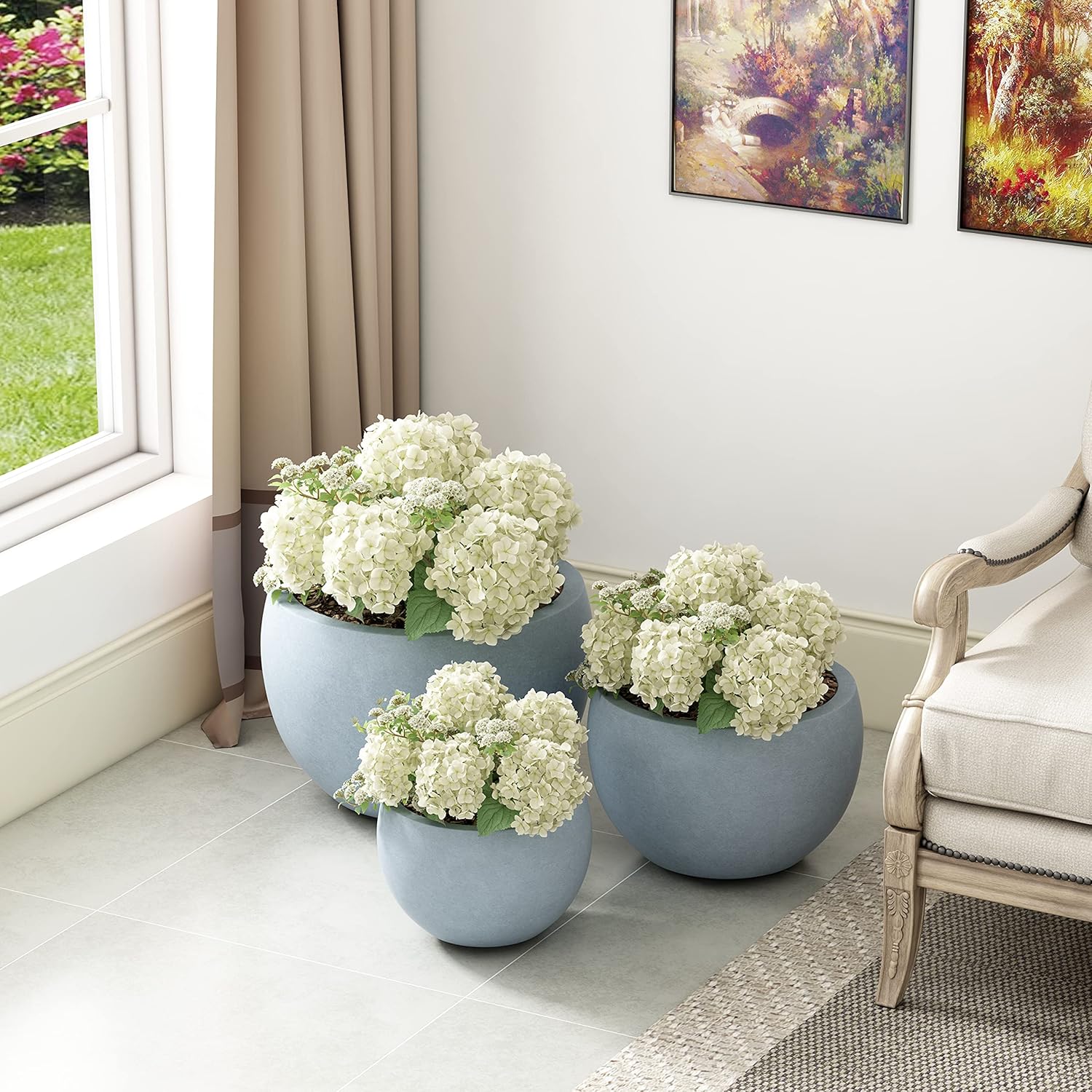 Kante 19.9",15.7",11.8" Dia Round Concrete Planter Set of 3, Outdoor/Indoor Large Bowl Plant Pots with Drainage Hole and Rubber Plug for Garden Patio Balcony Home, Gray-VerdiqueGarden