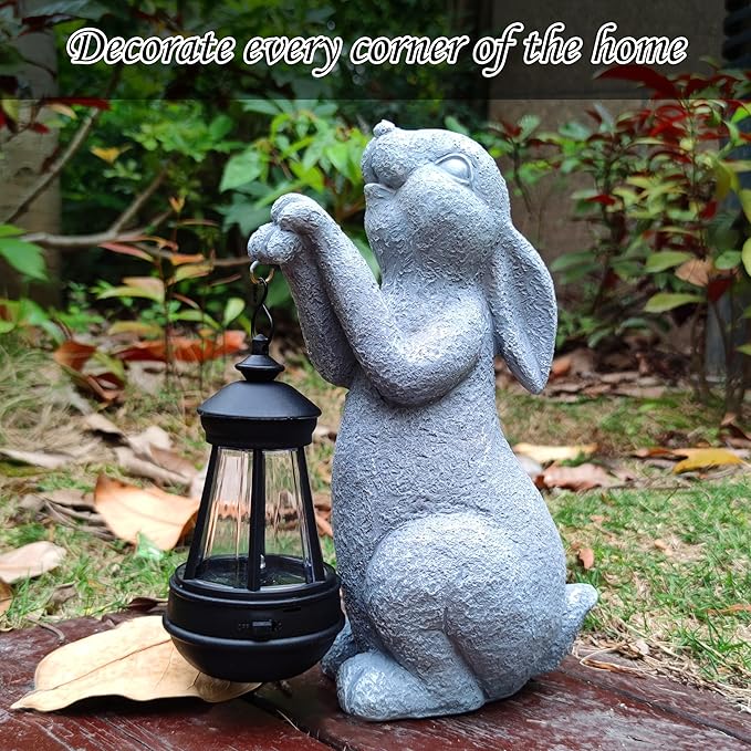 Rabbit Solar Garden Outdoor Statues,Resin Rabbit Figurine Decorations with Solar Lights Lantern, Outdoor Rabbit Art Decor for Lawn,Yard, Unique Housewarming Gift for Garden Home-VerdiqueGarden