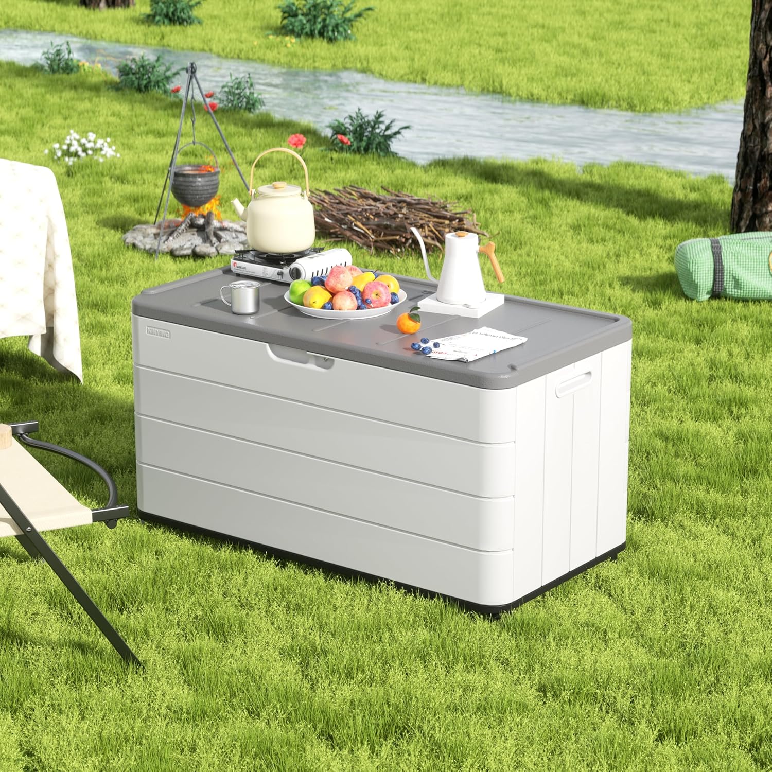 100GAL White Resin Deck Box with Wheels – Lockable, Waterproof, SGS-Tested UV Resistance, Spacious Outdoor Storage for Patio Cushions & Pool Gear, Easy Assembly-VerdiqueGarden