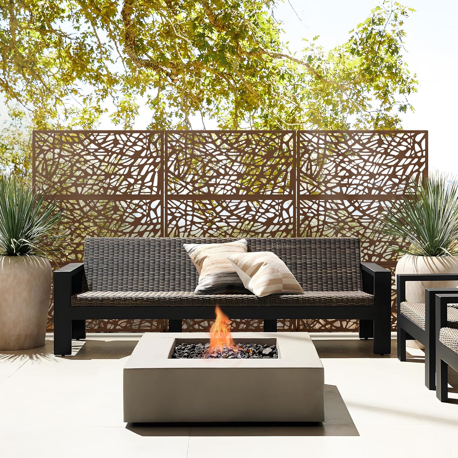 Metal Privacy Screen Outdoor 72" H×47" W,Freestanding Decorative Privacy Screen for Balcony Yard&Garden,Privacy Fence-Brown&Net-VerdiqueGarden