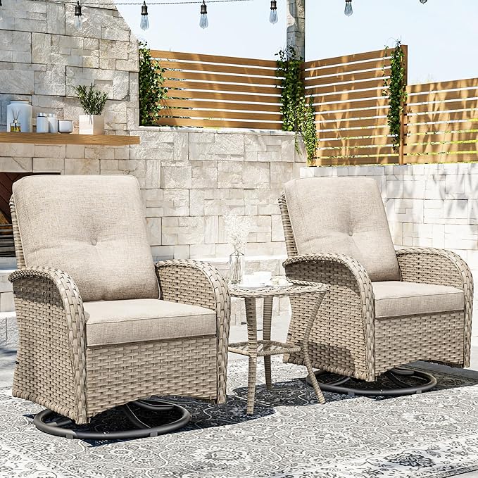 Joyside Outdoor Swivel Rocker Chairs, 3 Piece Wicker Patio Set with Thick Cushion and Side Table, Rattan Patio Swivel Rocking Chairs for Porch, Deck Use (Natural/Beige, 3 PCS)-VerdiqueGarden