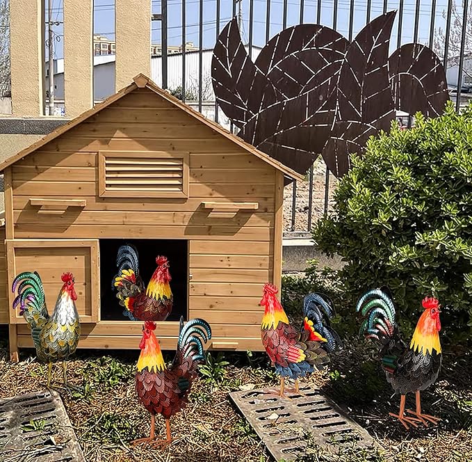 XONOR Metal Rooster Statues, Garden Chicken Decorations, Outdoor Chicken Sculpture, Metal Yard Rooster Artwork for Outdoor, Patio, Backyard and Home Kitchen Decoration (1pc, Red Brown)-VerdiqueGarden