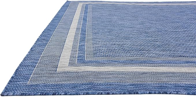 Unique Loom Outdoor Border Collection Area Rug - Soft Border (8' x 11' 4" Rectangle, Blue/ Ivory)-VerdiqueGarden