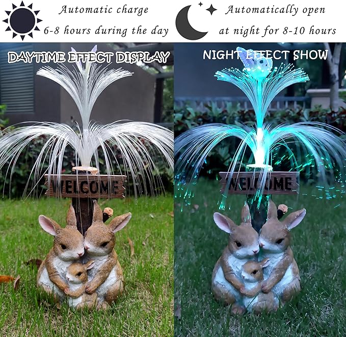 Solar Rabbit Garden Statues,Resin Rabbit Family Figurine with Welcome Card and 7-Color Changing Optical Fiber with Solar Lights, Lawn Decor Outdoor Statue for Patio,Balcony,Yard,Lawn-VerdiqueGarden