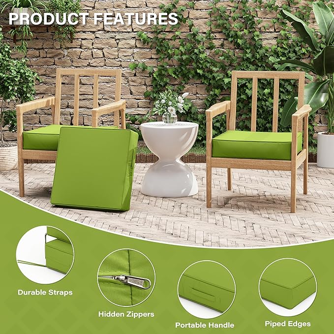 Patio Chair Cushions 19 X 19 X 4 Inch Waterproof Outdoor Seat Cushions for Patio Furniture, Outdoor Sofa Couch Pads with Ties & Handle, Set of 2, Grass Green-VerdiqueGarden