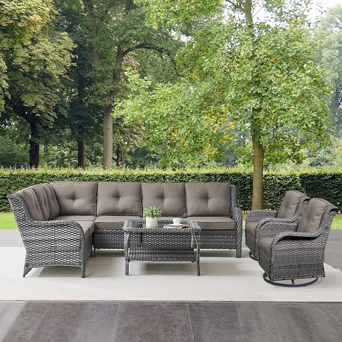 Outdoor Furniture Sectional Sofa L Shaped Couch - Patio Wicker Furniture Set with Coffee Table, 3 Piece Rattan Patio Conversation Sets with Gray Cushion for Deck Backyard Sunroom-VerdiqueGarden