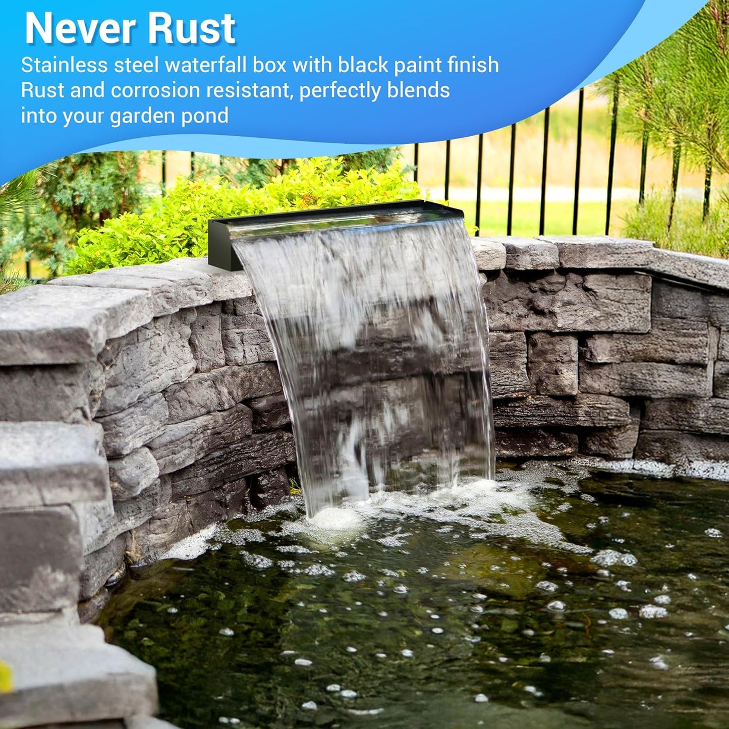 NFESOLAR Pond Waterfall Spillway Kit, Includes 23.6" W Stainless Pond Waterfall Box, 1200 GPH Water Pump, 10FT Corrugated Tubing for Outdoor Ponds Pool Streams up to 3000 Gallons N4611-VerdiqueGarden