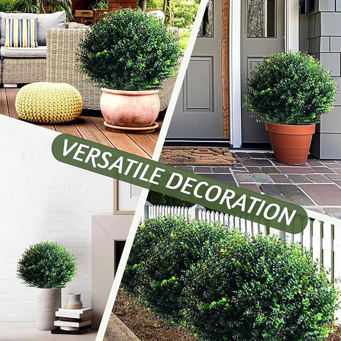 Yunlly 6 Pcs 18 Inch Artificial Boxwood Ball Topiary Tree Fake Outdoor Plants Bush, UV Resistance Faux Shrubs with Spike Realistic Greenery Potted for Indoor Garden Yard Porch Patio Decor (Dark Green)-VerdiqueGarden
