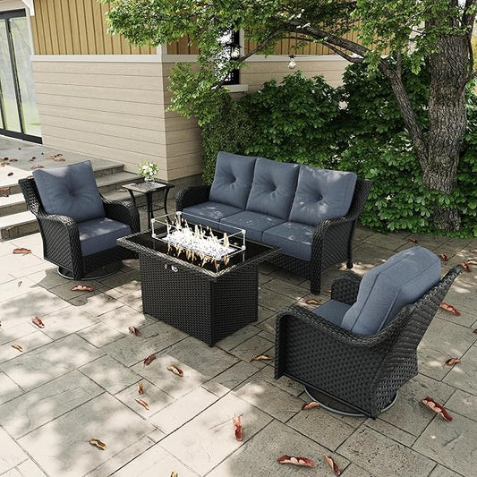 5 Pieces Outdoor Patio Furniture Sets with Rocking Swivel Chairs with 6-inch Thick Cushion and Fire Pit Table for Deck Lawn-VerdiqueGarden