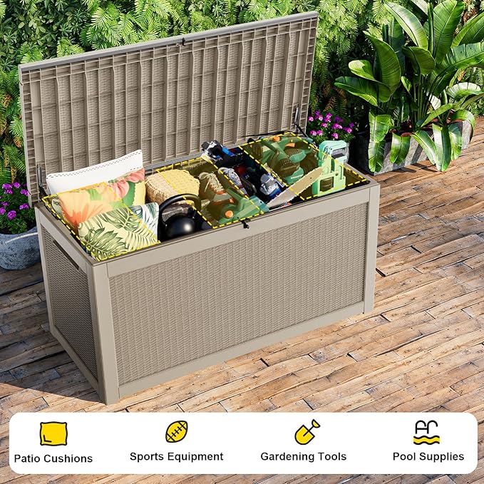 260 Gallon Outdoor Deck Box,Storage Lockable Waterproof Patio Furniture,Garden Tools,Cushions,Pool Accessories Outside Storage Resin Box(Grey)-VerdiqueGarden
