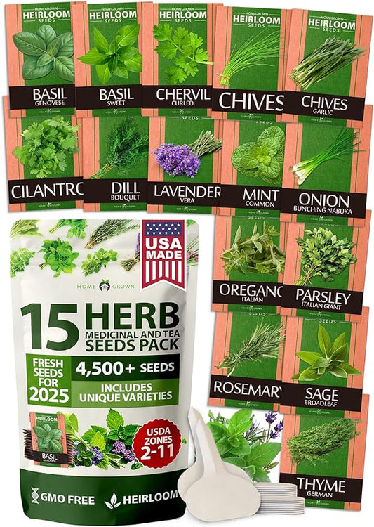 HOME GROWN 15 Herb Seeds for Planting 4,500+ Non-GMO Heirloom Seeds | Extra Large Variety Pack Herb Kit – Indoor Outdoor & Hydroponic | Culinary Seed Set | Grow Your Own Herbs | Gardening Gift-VerdiqueGarden