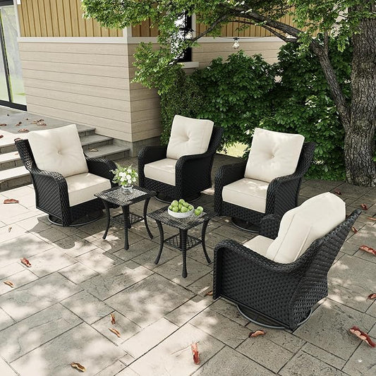 6 Pieces Outdoor Patio Furniture Sets with Rocking Swivel Chairs with 6-inch Thick Cushion and Side Table for Deck Lawn-VerdiqueGarden