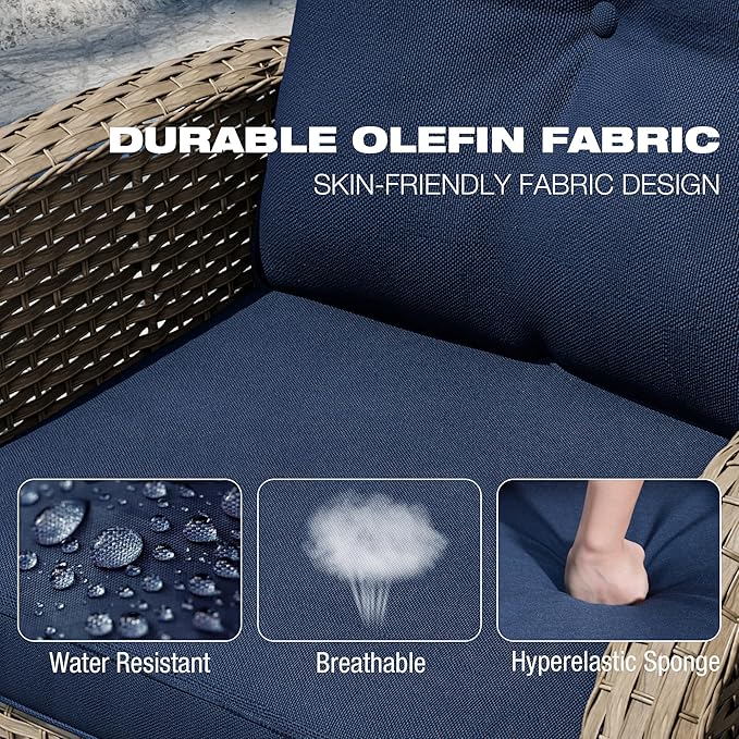 Joyside Outdoor Swivel Rocker Chairs, 3 Piece Wicker Patio Set with Thick Cushion and Side Table, Rattan Patio Swivel Rocking Chairs for Porch, Deck Use (Natural/Blue, 3 PCS)-VerdiqueGarden